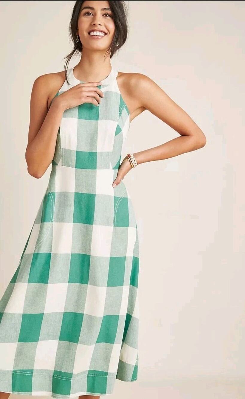 Maeve Anthropologie Greta gingham Green Halter Midi Dress Size 14 No Tie